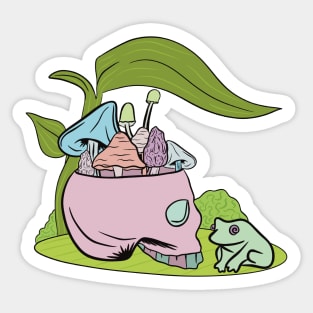 Skull filled with mushrooms chilling with a frog Sticker